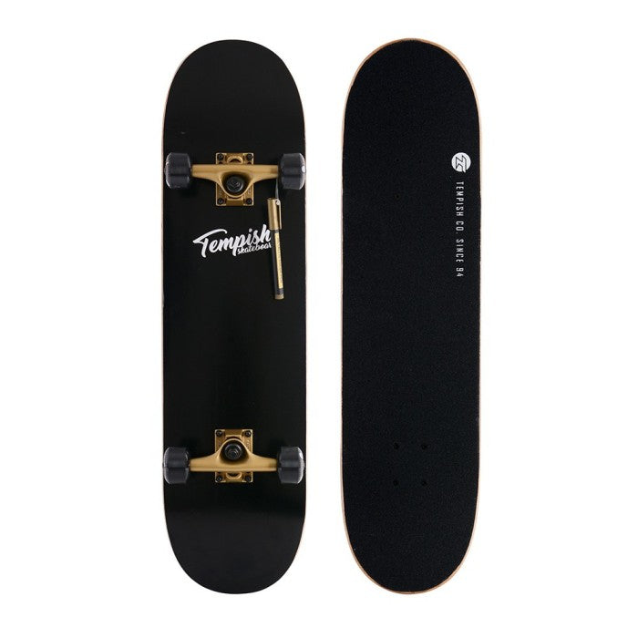 Black skateboard with gold hardware on a white background