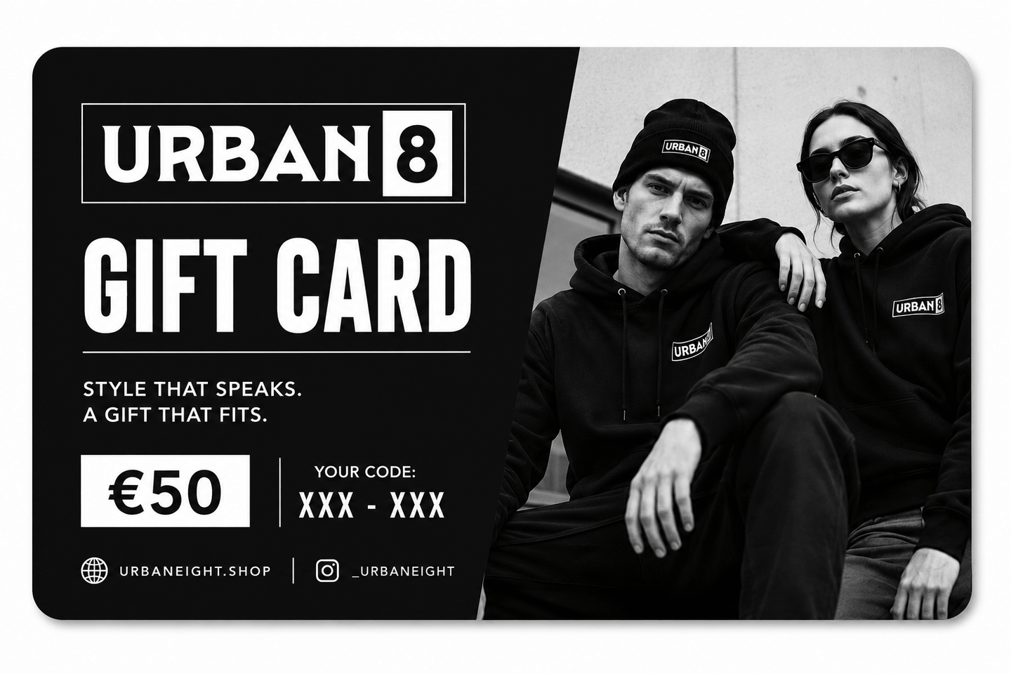 Urban 8 gift card with two people wearing branded clothing against a black background